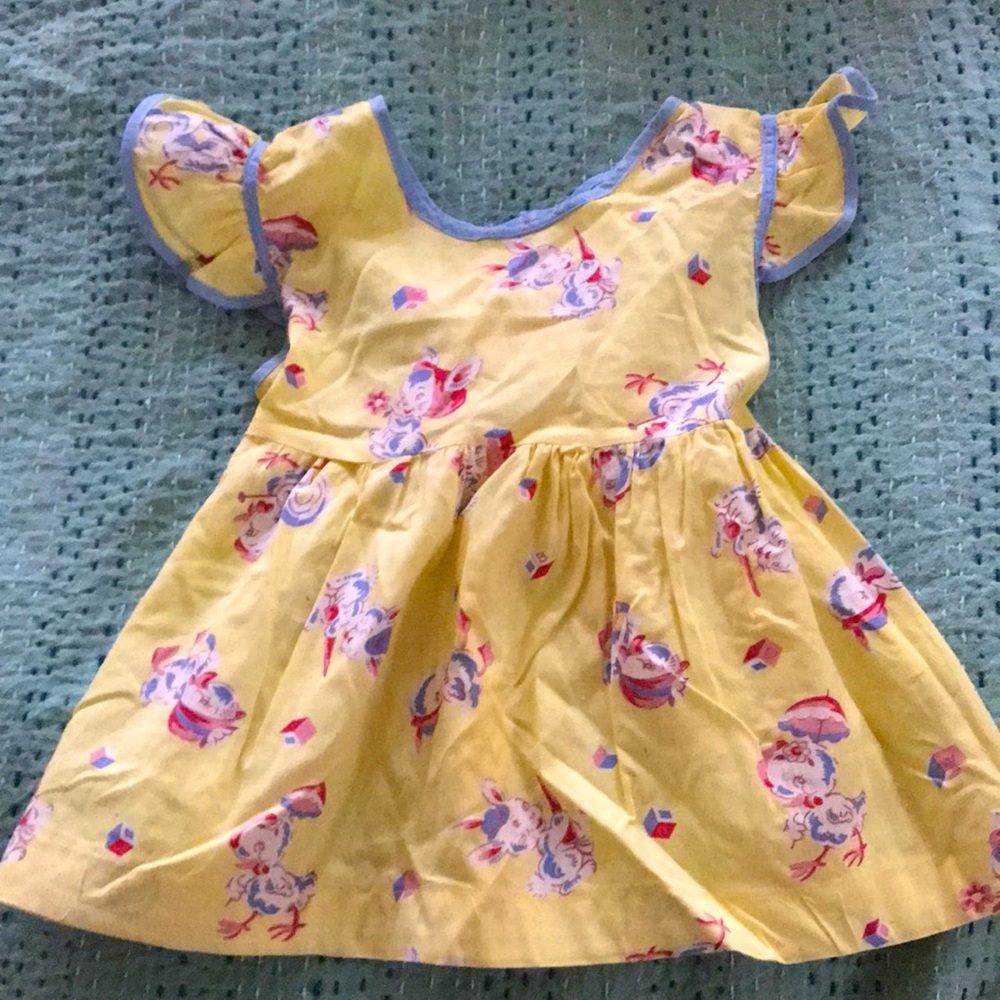 Yellow vintage child’s dress ,ducks & bunnies,Cotton, handmade, excellent!